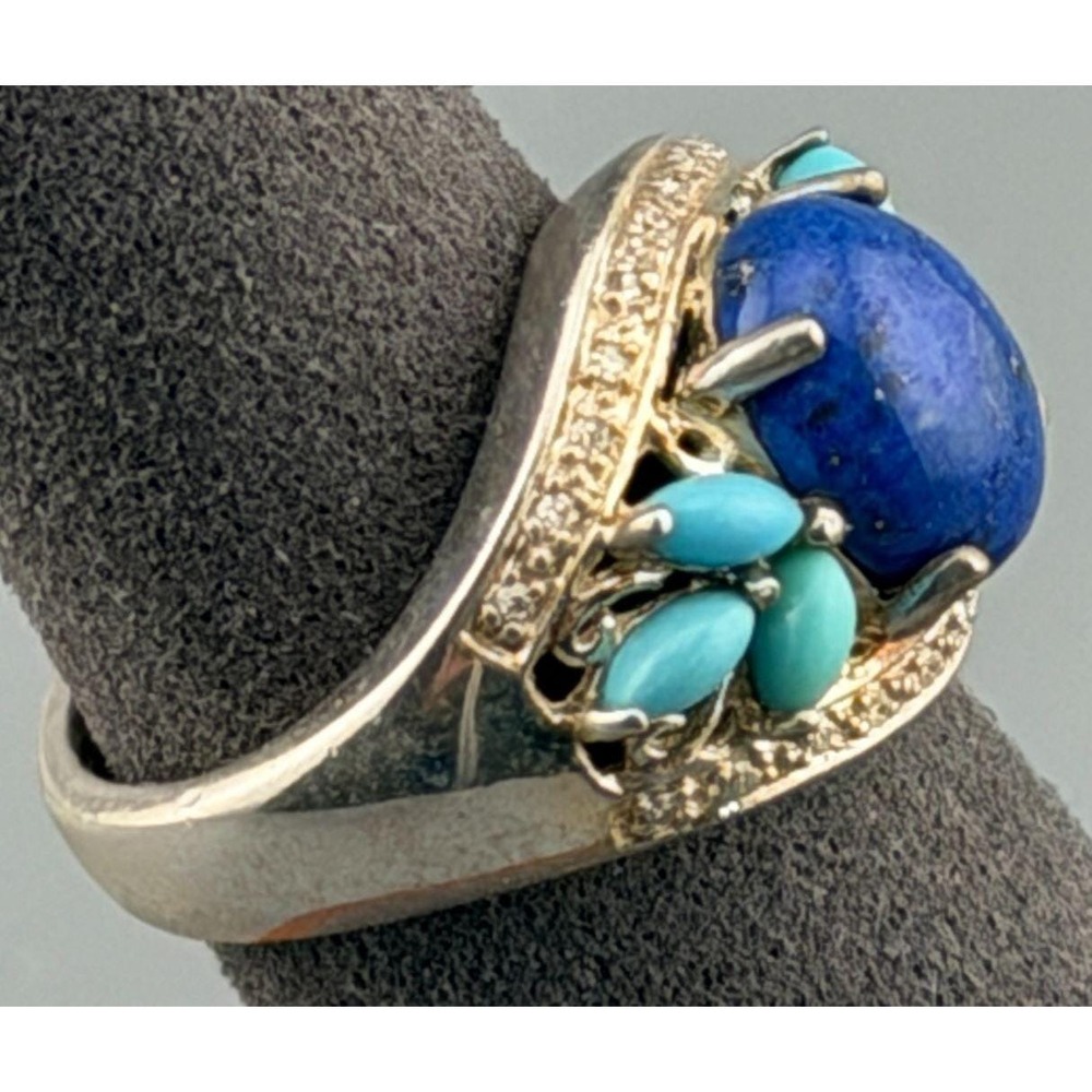 Vintage Sterling Silver Ring Lapis Turquoise Diamond Accents Size 6.5 5.7g
